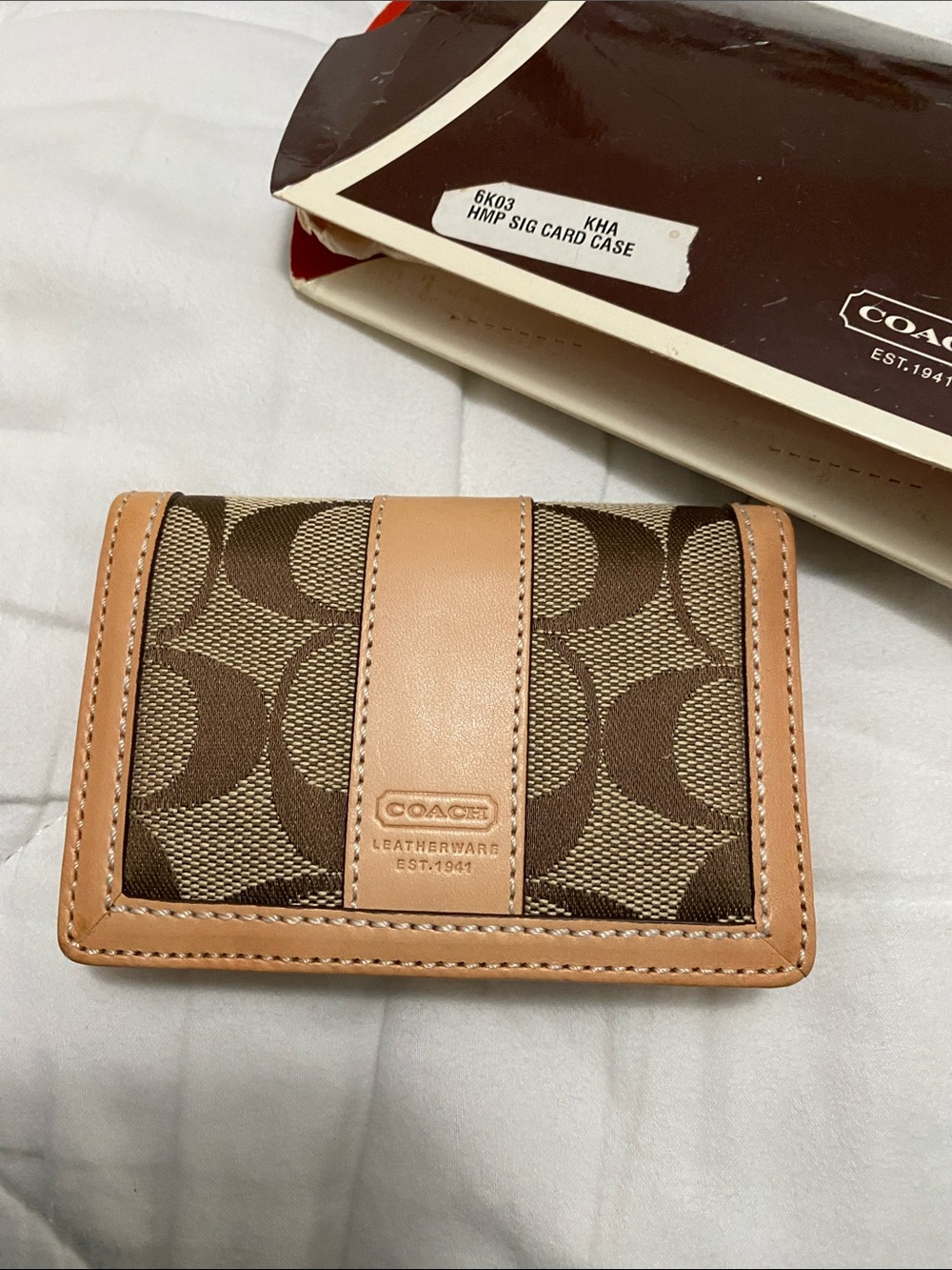 Coach Brown Signature Canvas Trifold Wallet with Tan Leather Trim - Picture 3 of 6